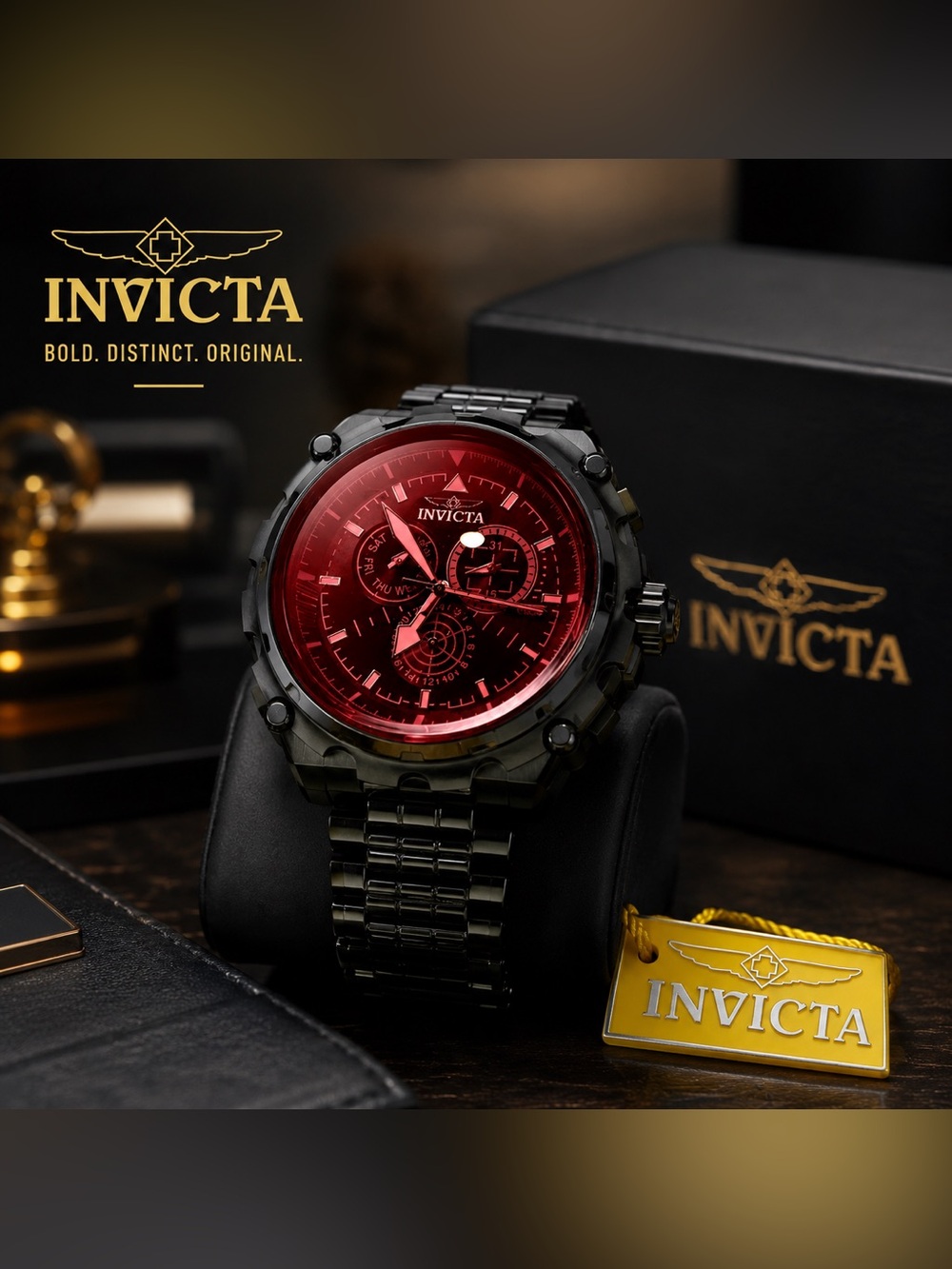 🖤 Invicta Men’s Black Ion-Plated Multifunction Watch | Red Crystal | New in Box